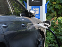 Electric vehicles are charged at a street charging station in Fuyang, China, on October 30, 2024. (