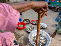 Old people sell fish in the early morning in a rural area in Feni, Bangladesh, on October 30, 2024. Many fish enclosures and ponds are washe...