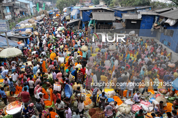 The main flower wholesale market in Kolkata, India, is overcrowded ahead of the Diwali and Kali Puja Festival on October 30, 2024. 