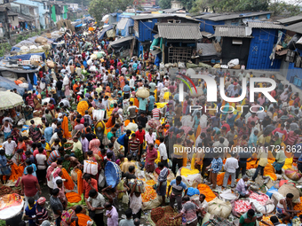 The main flower wholesale market in Kolkata, India, is overcrowded ahead of the Diwali and Kali Puja Festival on October 30, 2024. (