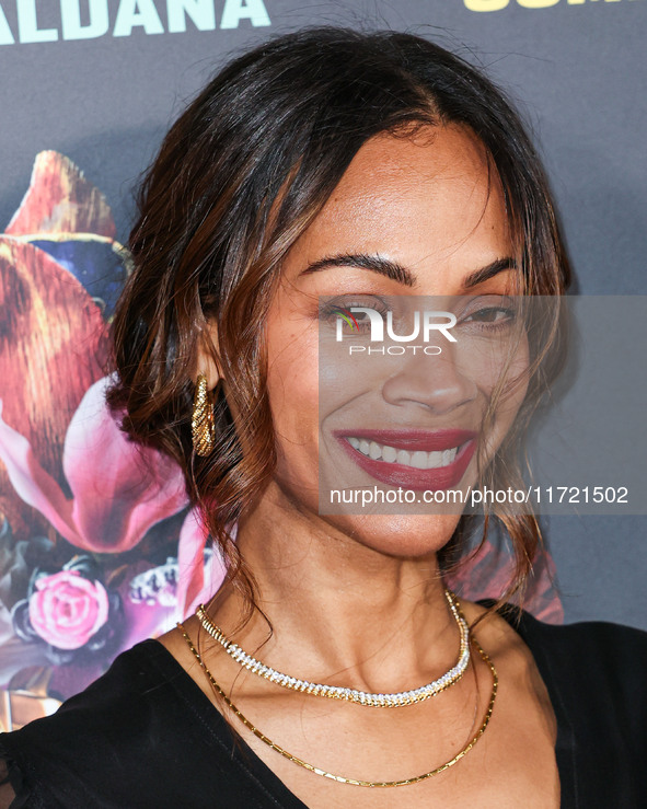 Zoe Saldana arrives at The French American Film Festival - Opening Night Premiere Of Netflix's 'Emilia Perez' held at the Directors Guild of...