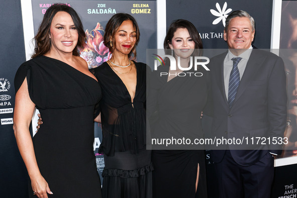 Karla Sofia Gascon, Zoe Saldana, Selena Gomez and Ted Sarandos arrive at The French American Film Festival - Opening Night Premiere Of Netfl...