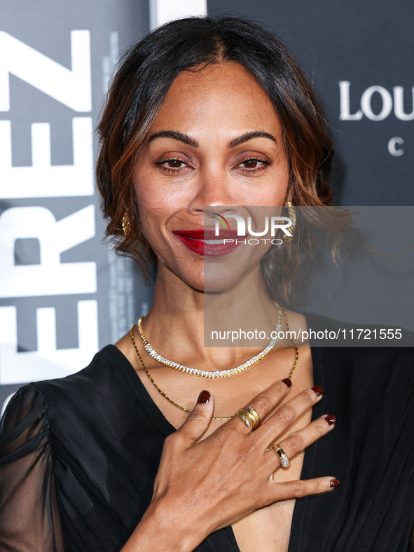 Zoe Saldana arrives at The French American Film Festival - Opening Night Premiere Of Netflix's 'Emilia Perez' held at the Directors Guild of...