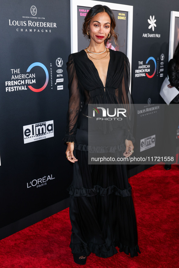 Zoe Saldana arrives at The French American Film Festival - Opening Night Premiere Of Netflix's 'Emilia Perez' held at the Directors Guild of...