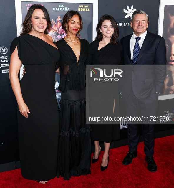 Karla Sofia Gascon, Zoe Saldana, Selena Gomez and Ted Sarandos arrive at The French American Film Festival - Opening Night Premiere Of Netfl...