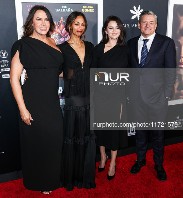 Karla Sofia Gascon, Zoe Saldana, Selena Gomez and Ted Sarandos arrive at The French American Film Festival - Opening Night Premiere Of Netfl...