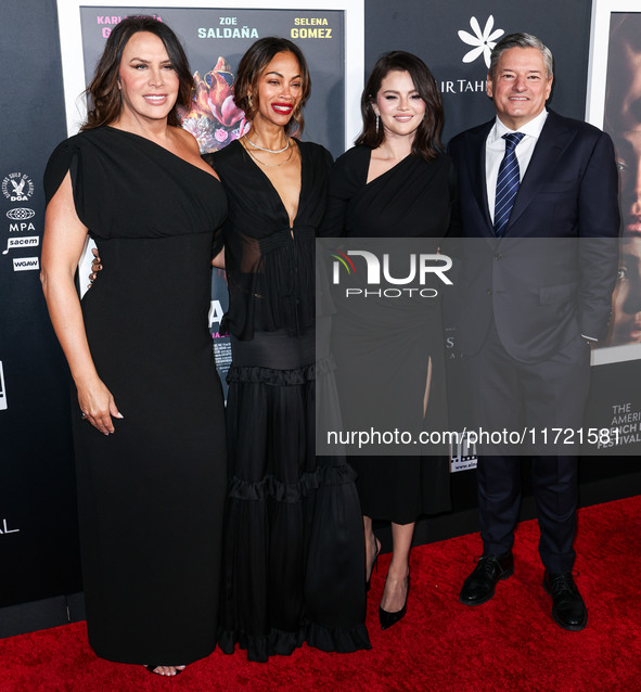 Karla Sofia Gascon, Zoe Saldana, Selena Gomez and Ted Sarandos arrive at The French American Film Festival - Opening Night Premiere Of Netfl...