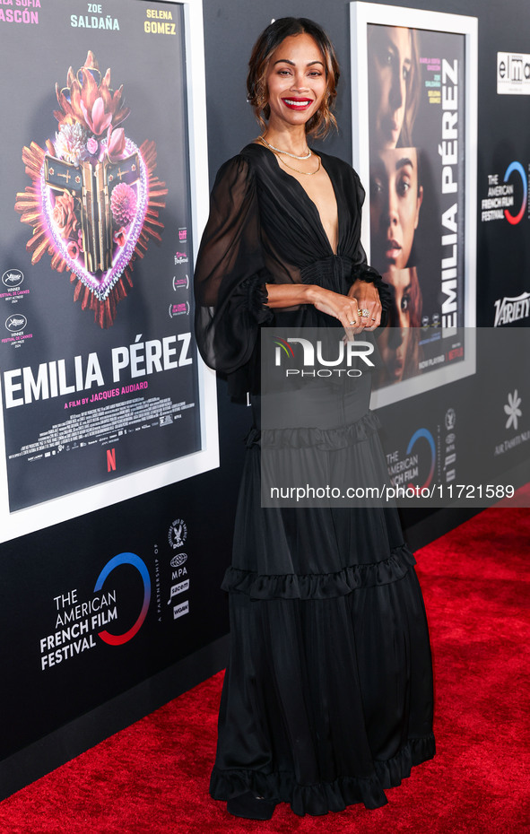 Zoe Saldana arrives at The French American Film Festival - Opening Night Premiere Of Netflix's 'Emilia Perez' held at the Directors Guild of...