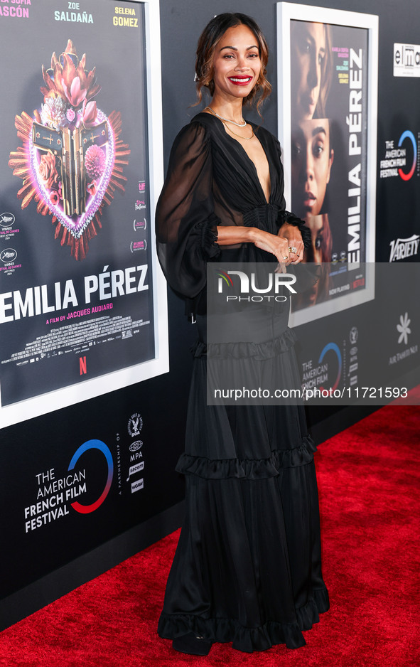 Zoe Saldana arrives at The French American Film Festival - Opening Night Premiere Of Netflix's 'Emilia Perez' held at the Directors Guild of...