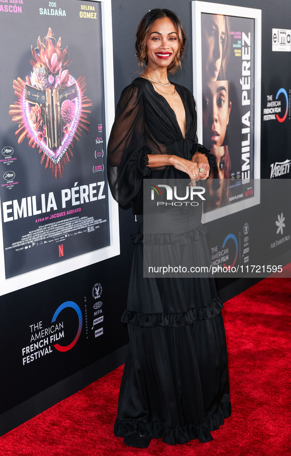 Zoe Saldana arrives at The French American Film Festival - Opening Night Premiere Of Netflix's 'Emilia Perez' held at the Directors Guild of...