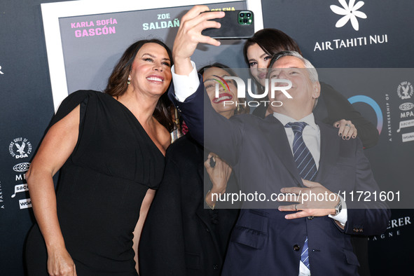 Karla Sofia Gascon, Zoe Saldana, Selena Gomez and Ted Sarandos arrive at The French American Film Festival - Opening Night Premiere Of Netfl...