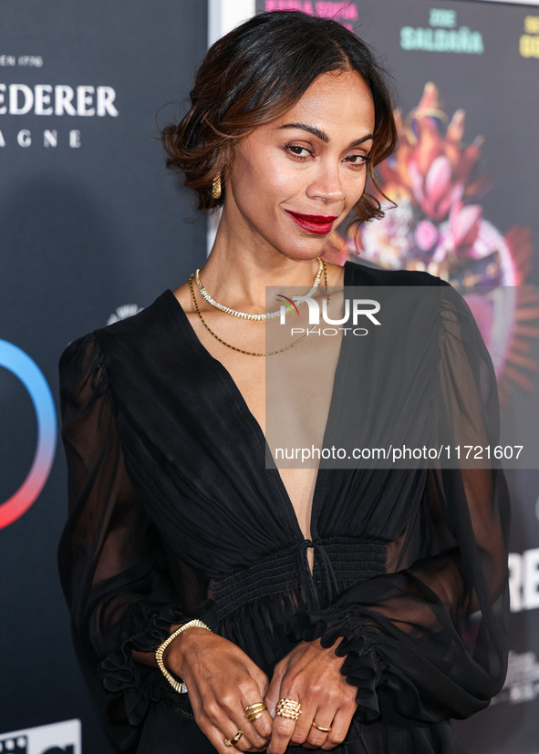 Zoe Saldana arrives at The French American Film Festival - Opening Night Premiere Of Netflix's 'Emilia Perez' held at the Directors Guild of...