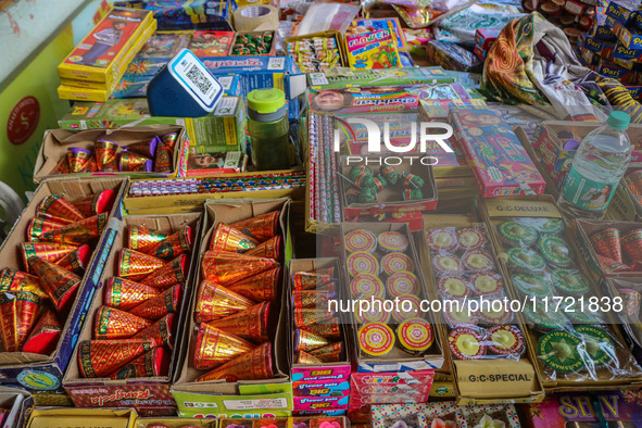 Firecrackers are displayed at a market ahead of Diwali, the Hindu festival of lights, in Srinagar, Jammu and Kashmir, on October 30, 2024. 