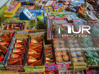 Firecrackers are displayed at a market ahead of Diwali, the Hindu festival of lights, in Srinagar, Jammu and Kashmir, on October 30, 2024. (