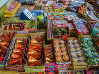 Firecrackers are displayed at a market ahead of Diwali, the Hindu festival of lights, in Srinagar, Jammu and Kashmir, on October 30, 2024. (