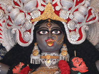 A huge clay idol of the Hindu goddess Kali is inside a ''pandal'' (a temporary platform), a decorated structure, ahead of the Kali Puja fest...