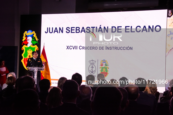 Captain Luis Carreras-Presas, Commanding Officer of the training ship Juan Sebastian de Elcano, presents the details of the XCVII training c...