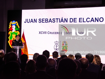 Captain Luis Carreras-Presas, Commanding Officer of the training ship Juan Sebastian de Elcano, presents the details of the XCVII training c...