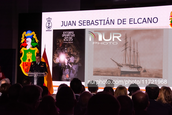 Captain Luis Carreras-Presas, Commanding Officer of the training ship Juan Sebastian de Elcano, presents the details of the XCVII training c...