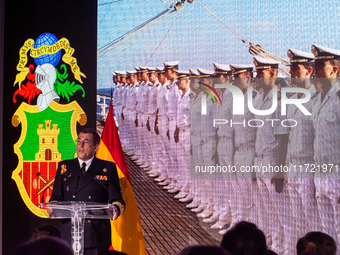 Captain Luis Carreras-Presas, Commanding Officer of the training ship Juan Sebastian de Elcano, presents the details of the XCVII training c...