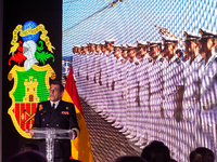 Captain Luis Carreras-Presas, Commanding Officer of the training ship Juan Sebastian de Elcano, presents the details of the XCVII training c...