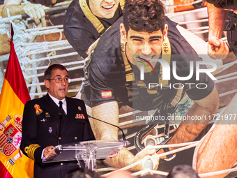 Captain Luis Carreras-Presas, Commanding Officer of the training ship Juan Sebastian de Elcano, presents the details of the XCVII training c...