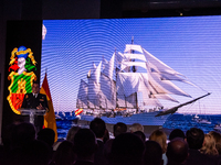 Captain Luis Carreras-Presas, Commanding Officer of the training ship Juan Sebastian de Elcano, presents the details of the XCVII training c...