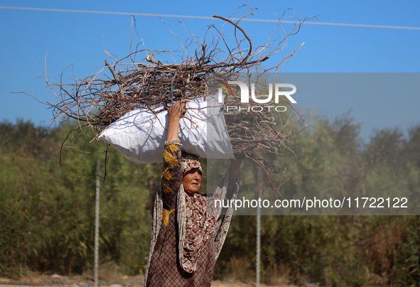 A woman carries firewood and walks along a street in Khan Yunis, Gaza Strip, on October 30, 2024, amid the ongoing conflict between Israel a...