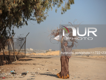 A woman carries firewood and walks along a street in Khan Yunis, Gaza Strip, on October 30, 2024, amid the ongoing conflict between Israel a...