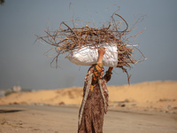 A woman carries firewood and walks along a street in Khan Yunis, Gaza Strip, on October 30, 2024, amid the ongoing conflict between Israel a...