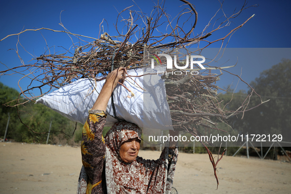 A woman carries firewood and walks along a street in Khan Yunis, Gaza Strip, on October 30, 2024, amid the ongoing conflict between Israel a...