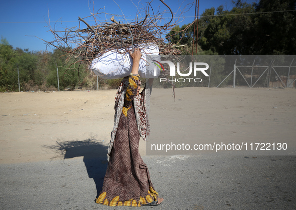 A woman carries firewood and walks along a street in Khan Yunis, Gaza Strip, on October 30, 2024, amid the ongoing conflict between Israel a...