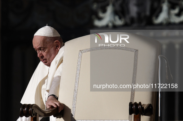 Pope Francis attends the weekly general audience at St Peter's Square in The Vatican on October 30, 2024. 