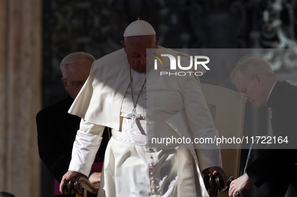 Pope Francis attends the weekly general audience at St Peter's Square in The Vatican on October 30, 2024. 