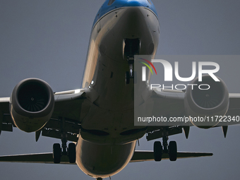 A Neos Air Boeing 737 Max descends during sunset at Bari Airport in Bari, Italy, on March 27, 2022. (