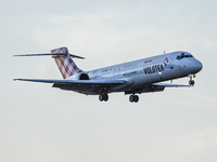 A Volotea Boeing 717-23S (registration EC-MGT) approaches Bari Airport in Bari, Italy, on November 15, 2020, casting a silhouette against th...