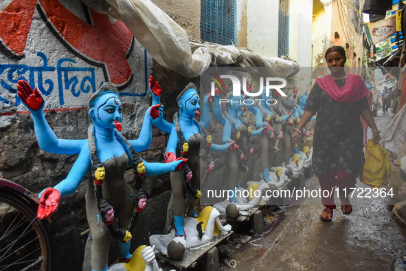 Rows of idols of Goddess Kali are on display for sale ahead of the Kali Puja festival in Kolkata, India, on October 30, 2024. 