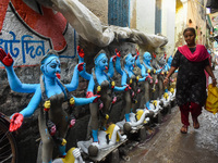 Rows of idols of Goddess Kali are on display for sale ahead of the Kali Puja festival in Kolkata, India, on October 30, 2024. (