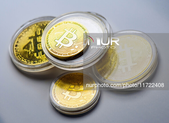 Bitcoin model commemorative coins are displayed in Huai'an, China, on October 30, 2024. 