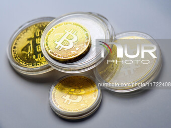 Bitcoin model commemorative coins are displayed in Huai'an, China, on October 30, 2024. (