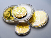 Bitcoin model commemorative coins are displayed in Huai'an, China, on October 30, 2024. (