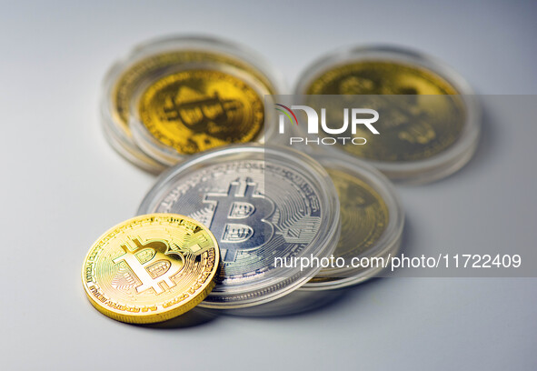 Bitcoin model commemorative coins are displayed in Huai'an, China, on October 30, 2024. 