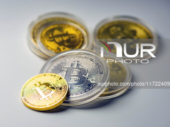 Bitcoin model commemorative coins are displayed in Huai'an, China, on October 30, 2024. (