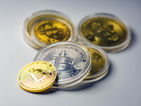 Bitcoin model commemorative coins are displayed in Huai'an, China, on October 30, 2024. (