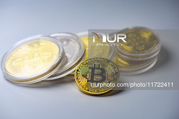 Bitcoin model commemorative coins are displayed in Huai'an, China, on October 30, 2024. 