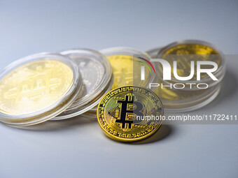 Bitcoin model commemorative coins are displayed in Huai'an, China, on October 30, 2024. (