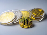 Bitcoin model commemorative coins are displayed in Huai'an, China, on October 30, 2024. (