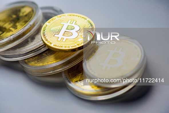 Bitcoin model commemorative coins are displayed in Huai'an, China, on October 30, 2024. 