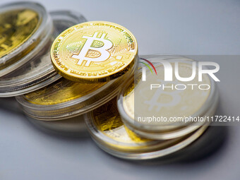 Bitcoin model commemorative coins are displayed in Huai'an, China, on October 30, 2024. (