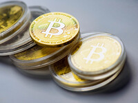 Bitcoin model commemorative coins are displayed in Huai'an, China, on October 30, 2024. (